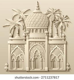 Ilustração vetorial em estilo de papel branco de uma cidade oriental com cúpulas, torres e minaretes. Perfeito para projetos temáticos árabes, islâmicos e de contos de fadas. Não é IA