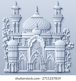 Weiße Papierschnitt-Vektorgrafik einer orientalischen Stadt mit Kuppeln, Türmen und Minaretten. Perfekt für arabische, islamische und märchenhafte Motive. Keine AI