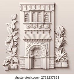 Ilustração vetorial em estilo de papel branco de uma cidade oriental com cúpulas, torres e minaretes. Perfeito para projetos temáticos árabes, islâmicos e de contos de fadas. Não é IA