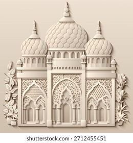 Ilustração vetorial em estilo de papel branco de uma cidade oriental com cúpulas, torres e minaretes. Perfeito para projetos temáticos árabes, islâmicos e de contos de fadas. Não é IA