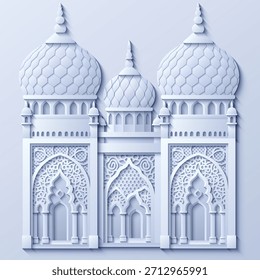 Ilustração vetorial em estilo de papel branco de uma cidade oriental com cúpulas, torres e minaretes. Perfeito para projetos temáticos árabes, islâmicos e de contos de fadas. Não é IA