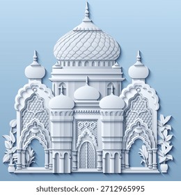 Ilustração vetorial em estilo de papel branco de uma cidade oriental com cúpulas, torres e minaretes. Perfeito para projetos temáticos árabes, islâmicos e de contos de fadas. Não é IA