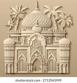 Ilustração vetorial em estilo de papel branco de uma cidade oriental com cúpulas, torres e minaretes. Perfeito para projetos temáticos árabes, islâmicos e de contos de fadas. Não é IA