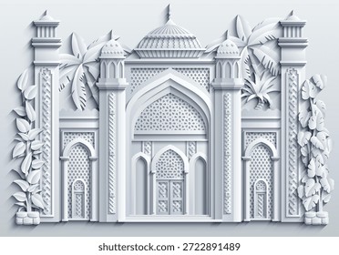 Ilustración vectorial de estilo papercut blanco de una ciudad oriental con cúpulas, torres y minaretes. Perfecto para diseños árabes, islámicos y de cuento de hadas. No es IA