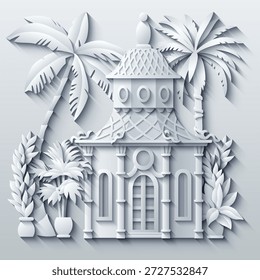 Ilustração vetorial em estilo de papel branco de uma cidade oriental com cúpulas, torres e minaretes. Perfeito para projetos temáticos árabes, islâmicos e de contos de fadas. Não é IA