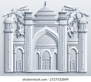 Ilustração vetorial em estilo de papel branco de uma cidade oriental com cúpulas, torres e minaretes. Perfeito para projetos temáticos árabes, islâmicos e de contos de fadas. Não é IA