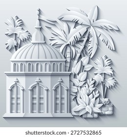 Ilustração vetorial em estilo de papel branco de uma cidade oriental com cúpulas, torres e minaretes. Perfeito para projetos temáticos árabes, islâmicos e de contos de fadas. Não é IA