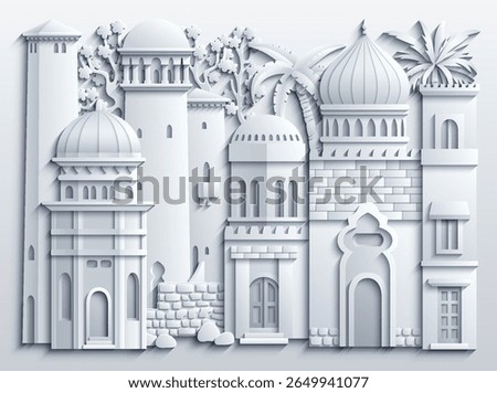 White papercut style vector illustration of an oriental city with domes, towers, and minarets. Perfect for Arabian, Islamic, and fairytale themed designs. Not AI