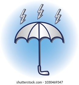 White papercut umbrella icon with lightning. Vector illustration.