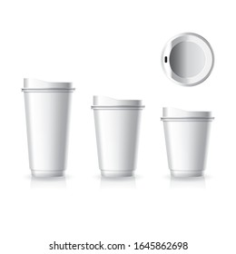 White paper-plastic coffee-tea cup with top view white lid in large-medium-small size mockup template. Isolated on white background with shadow. Ready to use for brand design. Vector illustration.