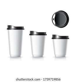 White paper-plastic coffee-tea cup with top view black lid in large-medium-small size mockup template. Isolated on white background with shadow. Ready to use for brand design. Vector illustration.