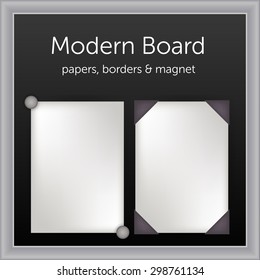 white papers with borders and magnet pin on black board with white frame vector