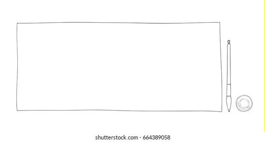 white papers and Chinese brushes vintage notebook hand drawn line art illustration