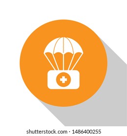 White Parachute with first aid kit icon isolated on white background. Medical insurance. Orange circle button. Vector Illustration