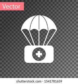 White Parachute with first aid kit icon isolated on transparent background. Medical insurance.  Vector Illustration