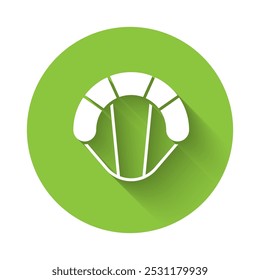 White Parachute icon isolated with long shadow. Extreme sport. Sport equipment. Green circle button. Vector Illustration