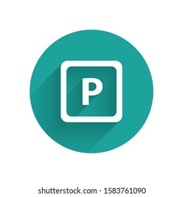 White Parking icon isolated with long shadow background. Street road sign. Green circle button. Vector Illustration