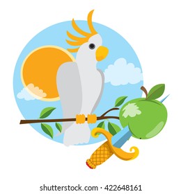 White parrot with apple and a dagger. Graphics Pirate theme.