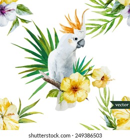 white parrot, hibiscus, tropical, palm trees, flowers, pattern, wallpaper