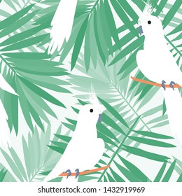 White parrot pattern with tropical leaves. Tropical seamless background with parrot, tropical leaves and hibiscus flowers. Beautiful black Corella