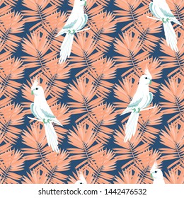 White parrot pattern with tropical leaves. Tropical seamless background with parrot, tropical leaves and hibiscus flowers. Beautiful black Corella
