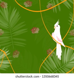 White parrot pattern with tropical leaves.Tropical seamless pattern with parrot, tropical leaves and hibiscus flowers. Beautiful White Corella.