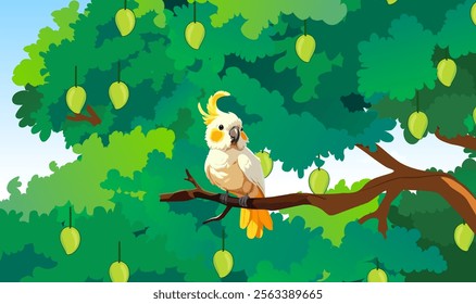 White Parrot sitting in Mango Tree Vector Illustration, Beautiful Parrot Vector, Mango Tree, Vector Design