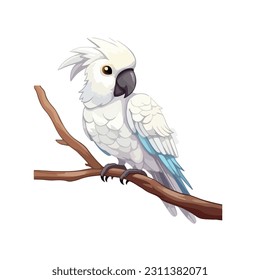 White parrot sitting on a branch Isolated on white background