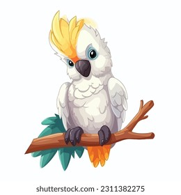 White parrot sitting on a branch Isolated on white background