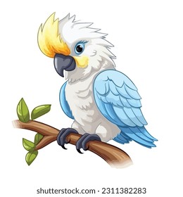 White parrot sitting on a branch Isolated on white background