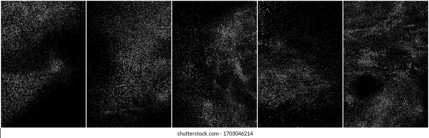 Conjunto de textura de grano blanco angustiado. Sobrecarga de polvo texturado. Partículas de ruido de grano. Envase con efectos de nieve. Fondo negro rayado. Ilustración del vector, EPS 10.   