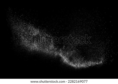 White particle dust powder wave flow splash on black background isolated. Sparkle glitter shimmer scattered spray with dynamic motion trail stream curve swirl. Magic cosmic stardust vector illustration
