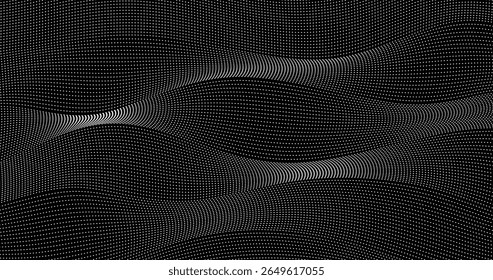 White Particle Wave Geography Grid on Black Background Texture Design
