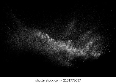 White particle wave on black background abstract dust powder line curve vector. Dynamic flow texture motion energy with scattered dispersion and luminous trail