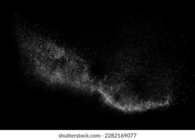 White particle wave on black background abstract dust powder line curve vector. Dynamic flow texture motion energy with scattered dispersion and luminous trail