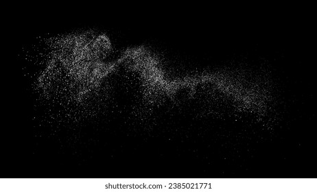 White particle wave on black background abstract dust powder line curve vector. Dynamic flow texture motion energy with scattered dispersion and luminous trail