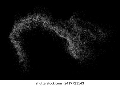 White particle wave on black background abstract dust powder line curve vector. Dynamic flow texture motion energy with scattered dispersion and luminous trail