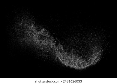 White particle wave on black background abstract dust powder line curve vector. Dynamic flow texture motion energy with scattered dispersion and luminous trail