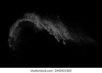 Textura granulada blanca. Recubrimiento de polvo abstracto. Ruido de grano. Explosión blanca sobre fondo negro. Splash efecto realista. Ilustración vectorial, eps 10.  