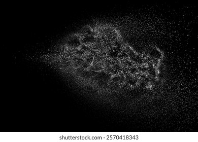 White particle wave on black background abstract dust powder line curve vector. Dynamic flow texture motion energy with scattered dispersion and luminous trail