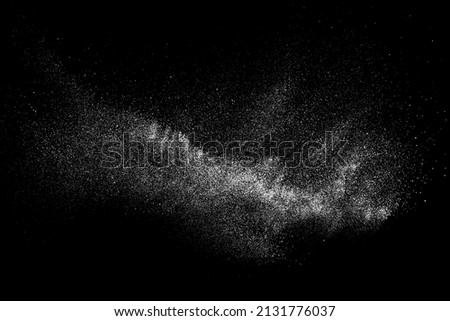 White particle wave on black background abstract dust powder line curve vector. Dynamic flow texture motion energy with scattered dispersion and luminous trail
