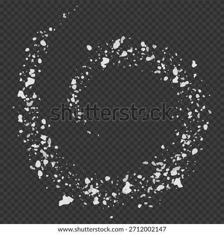 White particles of salt, flour, or sugar in a rounded spiral on an isolated transparent background. Food product, ingredient. For culinary projects, advertising. Vector realistic illustration.