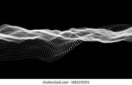 White particles wave background. Abstract dynamic mesh. Big data technology. Vector grid illustration.