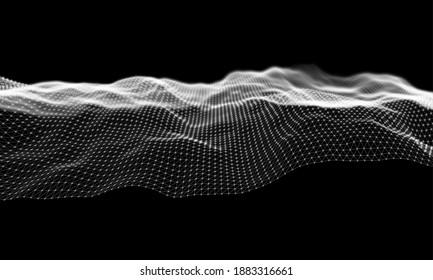 White particles wave background. Abstract dynamic mesh. Big data technology. Vector grid illustration.