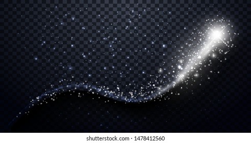 White particles wave. Sparkle stardust. White glittering magic vector waves with gold particles isolated on black background. Elegant Shimmer  wave design. Glitter particles. Magic fairy dust. Vector