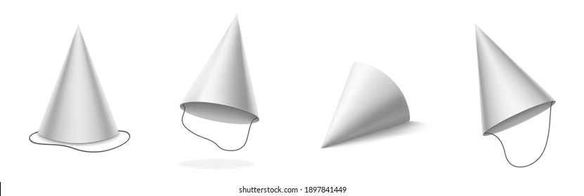 White Party Hat For Birthday, Anniversary, Christmas Celebration. Vector Realistic 3d Mockup Of Blank Cone Head Caps For Carnival, Holidays And Festive Isolated On White Background