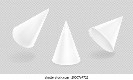 White party hat for celebration birthday, anniversary and christmas. Vector realistic mockup of 3d blank cone head caps for carnival, holidays and festive isolated on transparent background