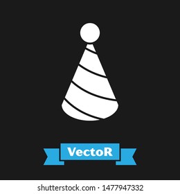 White Party hat icon isolated on black background. Birthday hat.  Vector Illustration