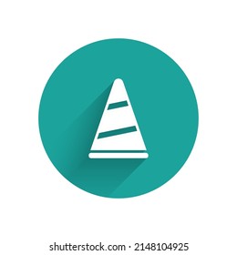 White Party hat icon isolated with long shadow. Birthday hat. Merry Christmas and Happy New Year. Green circle button. Vector