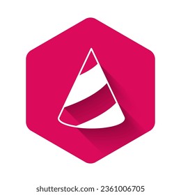 White Party hat icon isolated with long shadow background. Birthday hat. Pink hexagon button. Vector